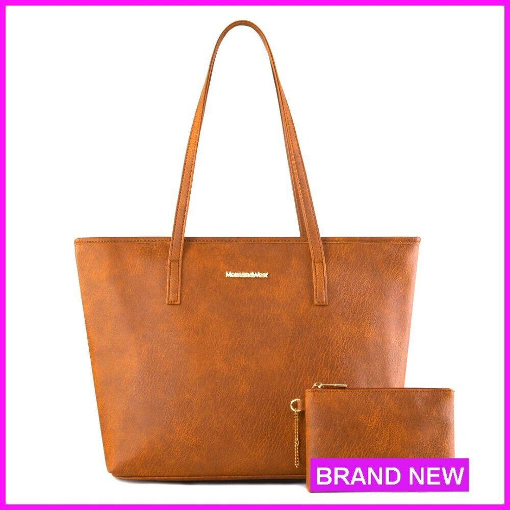 Large Vegan Leather Tote Bag with Zippered Pocket and Matching Pouch